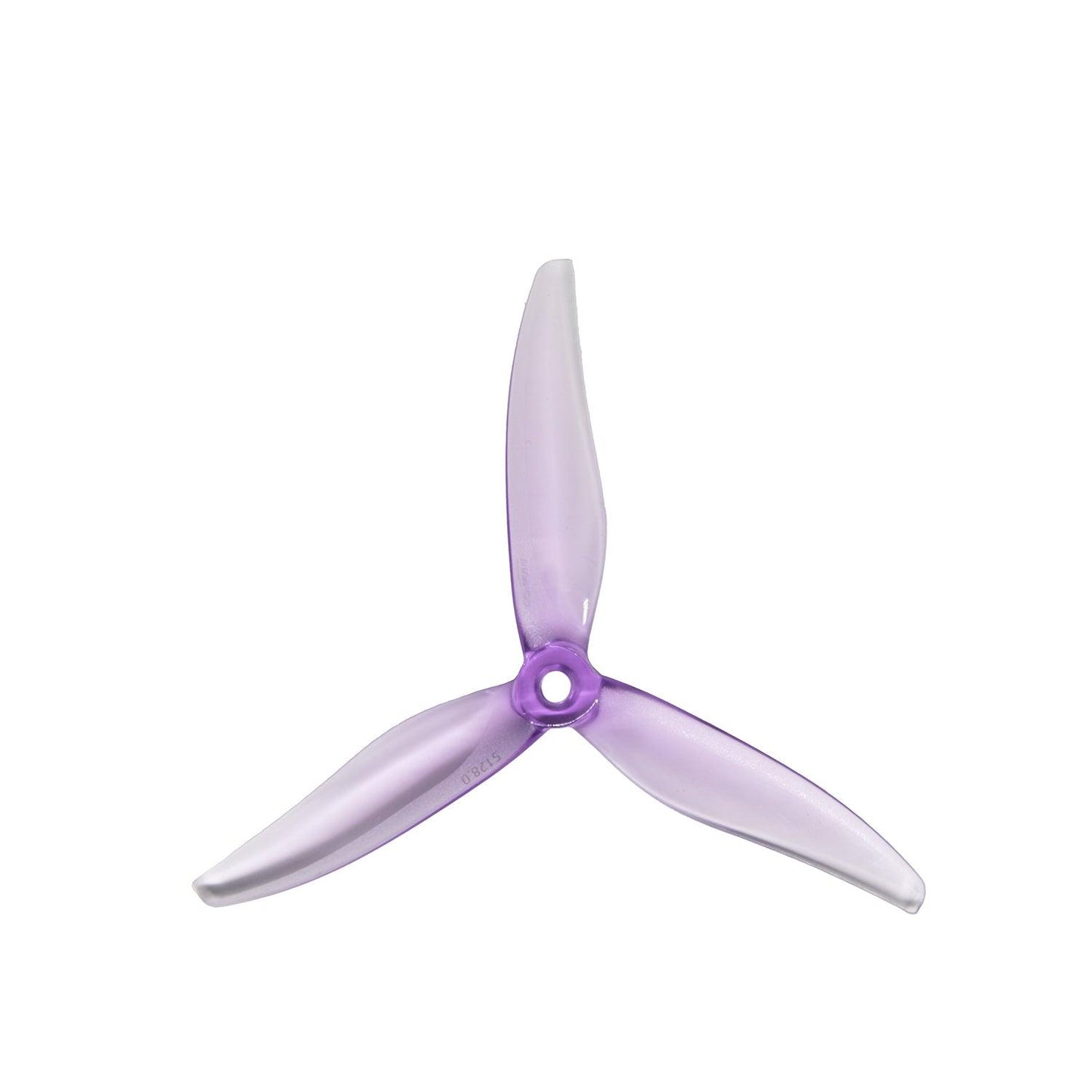 Tri-blade FPV drone propeller in translucent purple, top view