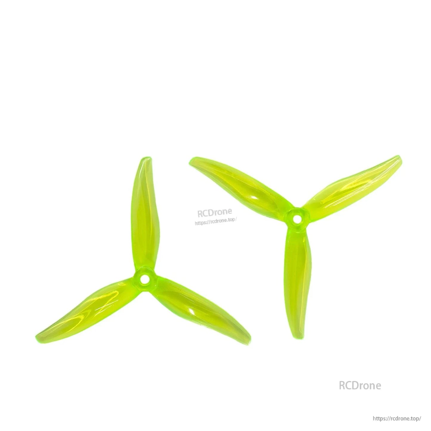 Pair of neon green tri-blade propellers displayed on white background
