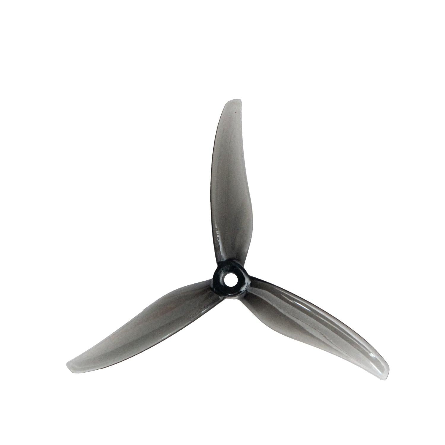 Gemfan Fury 5131.0 PC 3-blade 5in propeller in smoke gray, top view with center hub