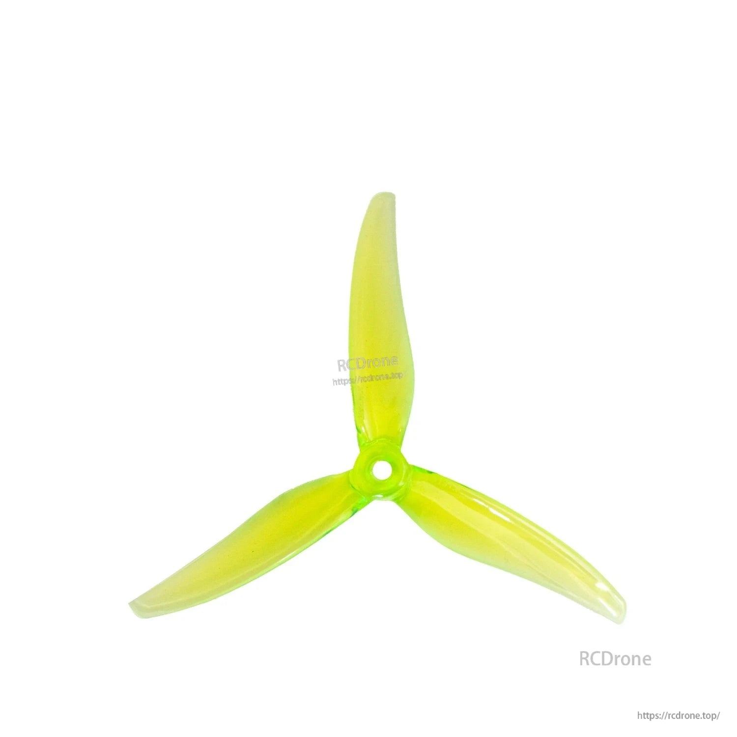 Transparent neon yellow-green tri-blade 5-inch drone propeller, top-down view
