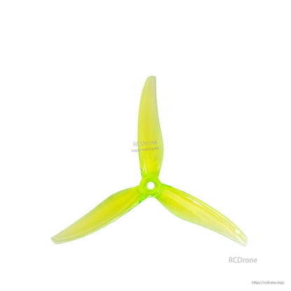 Transparent neon yellow-green tri-blade 5-inch drone propeller, top-down view