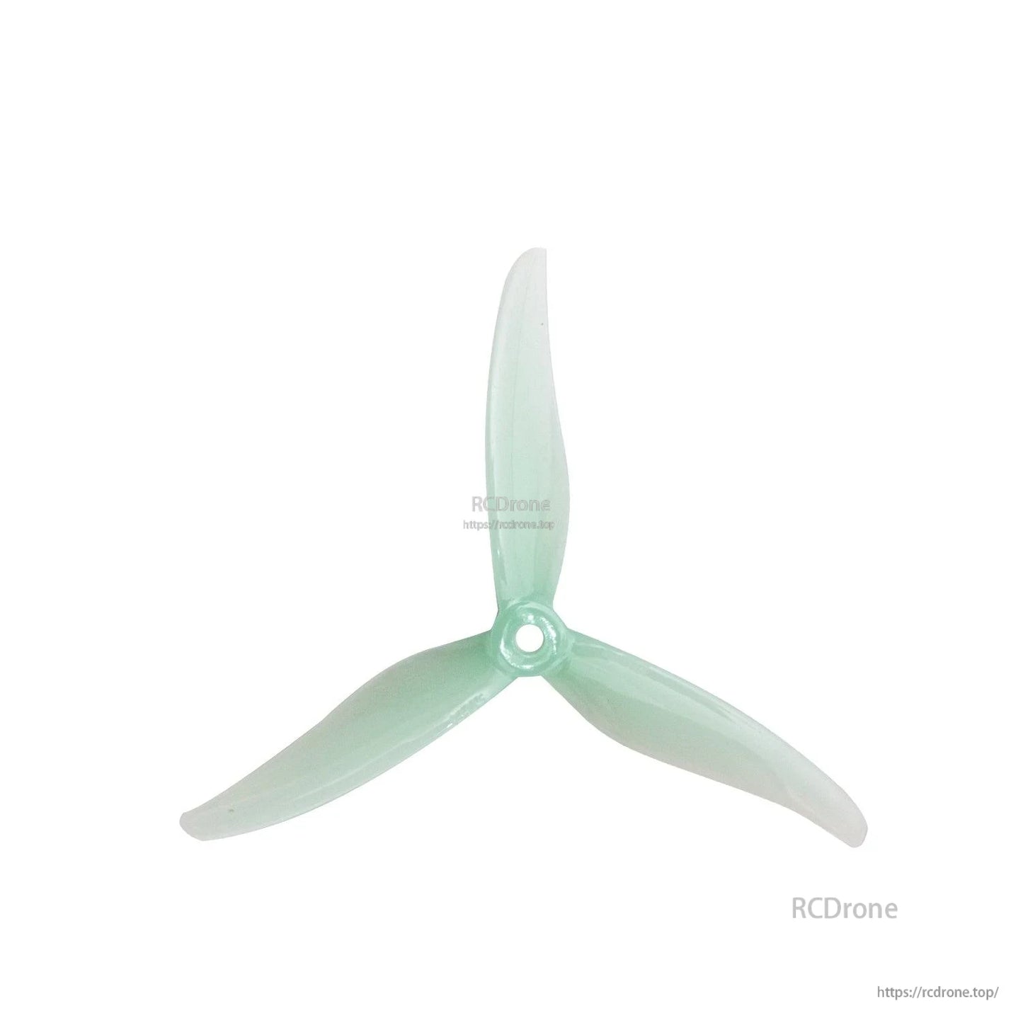 Translucent mint green 3-blade 5-inch propeller with center mounting hole, top view