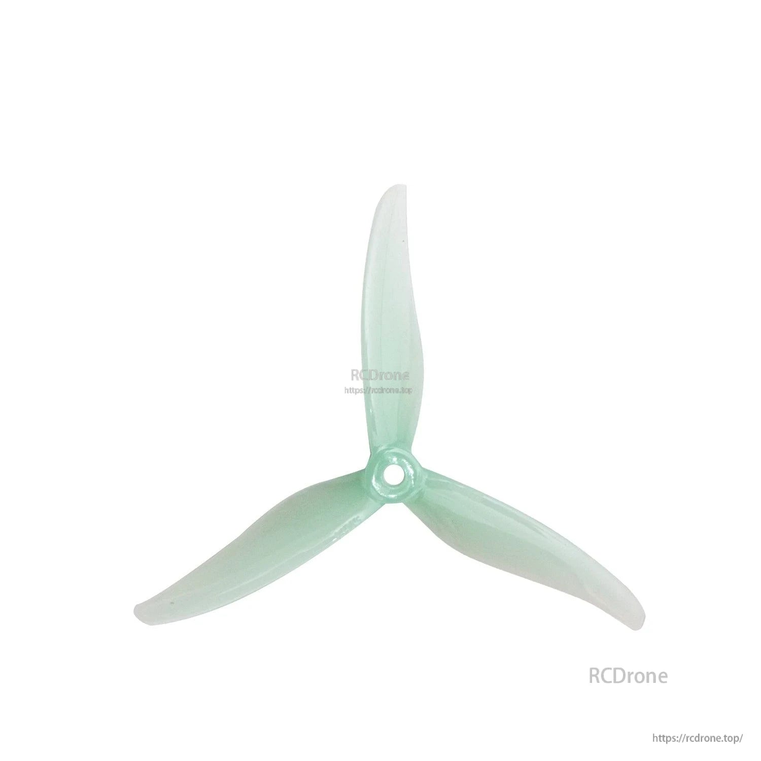Translucent mint green 3-blade 5-inch propeller with center mounting hole, top view