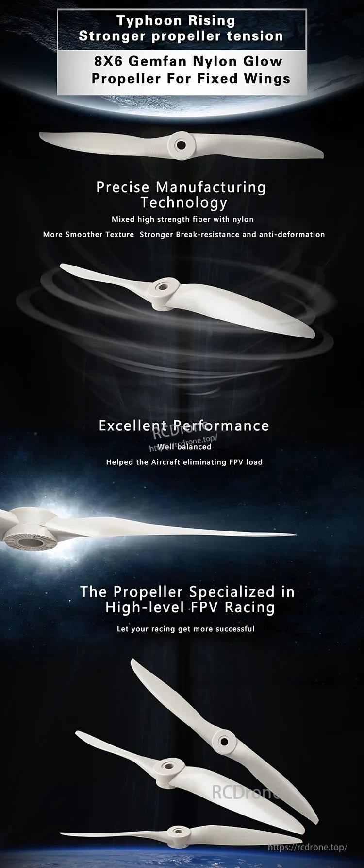 Gemfan glass fiber nylon glow propeller for fixed-wing engines, 8x6 size infographic with key features