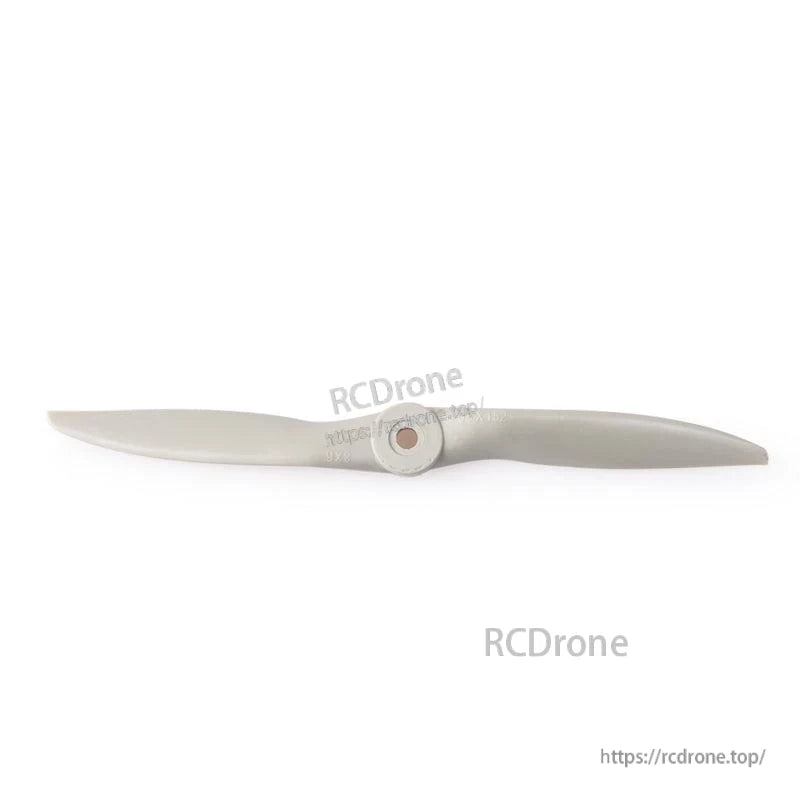 Side profile of light gray two-blade propeller with centered hub, watermark and website visible