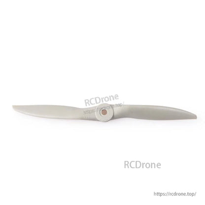 Side profile of light gray two-blade propeller with centered hub, watermark and website visible