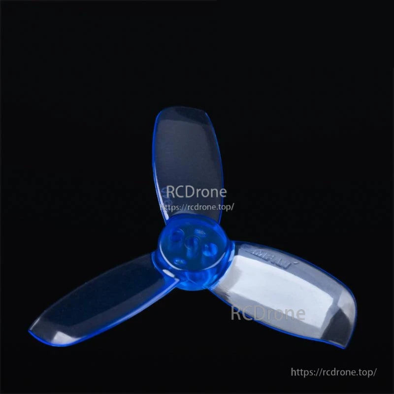 Translucent blue 3-blade propeller on black background, angled top view of hub and blades