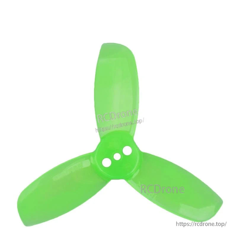 Translucent green tri-blade propeller, top view showing three mounting holes in hub