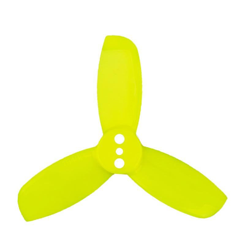 Neon yellow 3-blade drone propeller with three mounting holes, top view