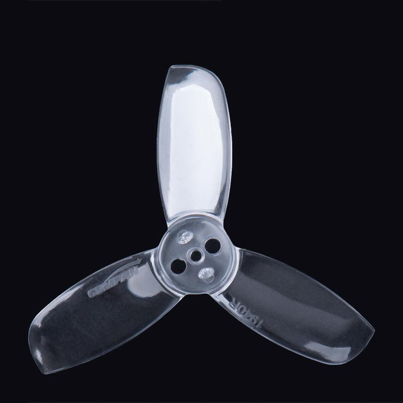 Gemfan Hulkie 1940-3 PC tri-blade propeller in clear smoke gray, top view on black