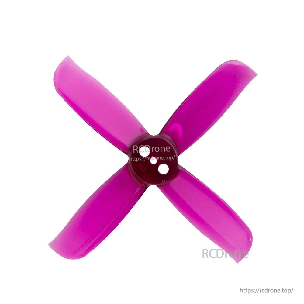 Purple 4-blade quadcopter propeller with dark hub and 3-hole mount, top view