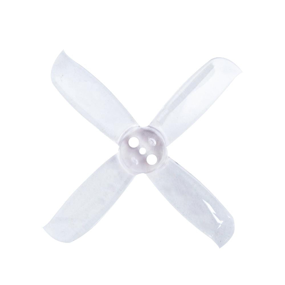 Translucent clear 4-blade drone propeller with 3-hole mounting hub, top view