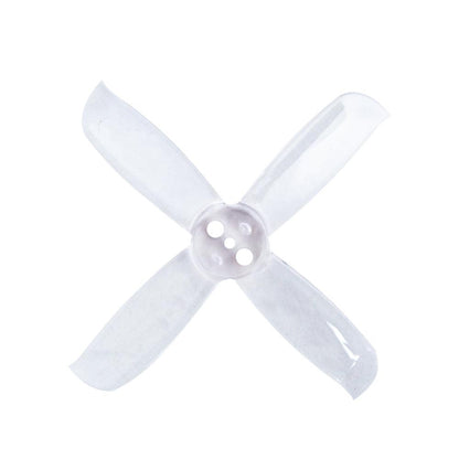 Translucent clear 4-blade drone propeller with 3-hole mounting hub, top view