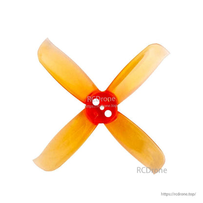 Gemfan Hulkie 2036-4 4-blade propeller in orange with red hub, top view