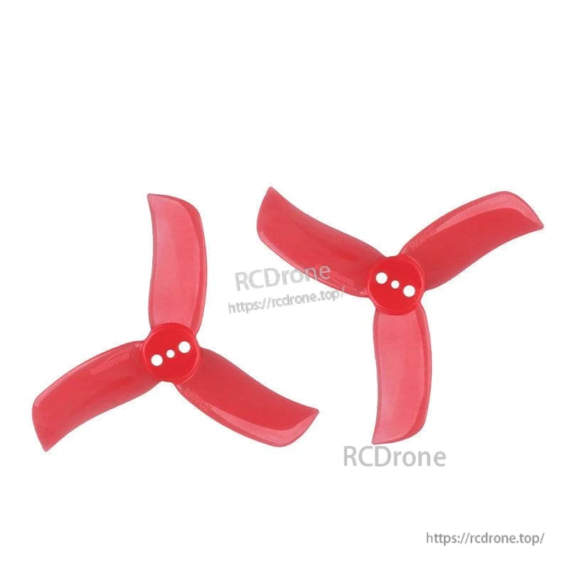 Pair of red 3-blade propellers with 3-hole mounting hubs, opposite blade pitch