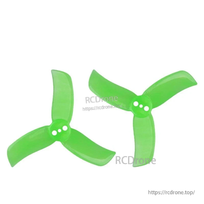 Pair of green 3-blade propellers showing opposite rotation orientations, 3-hole hubs