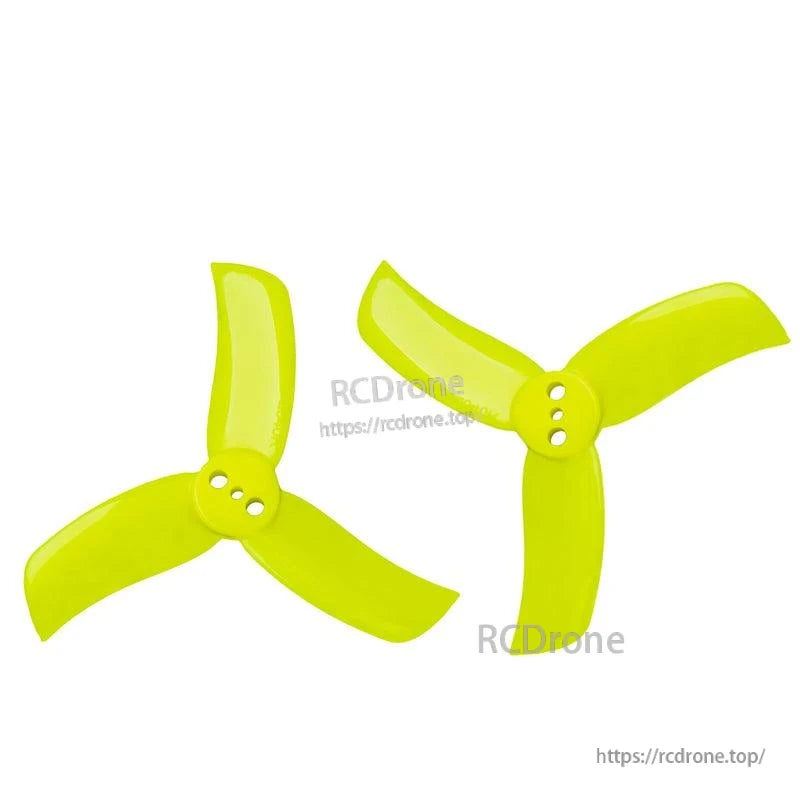 Pair of neon yellow 3-blade propellers with 3-hole mounting hubs, mirrored blades