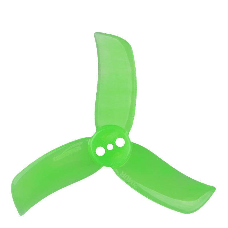 Green 3-blade drone propeller with 3-hole mounting hub, single prop view