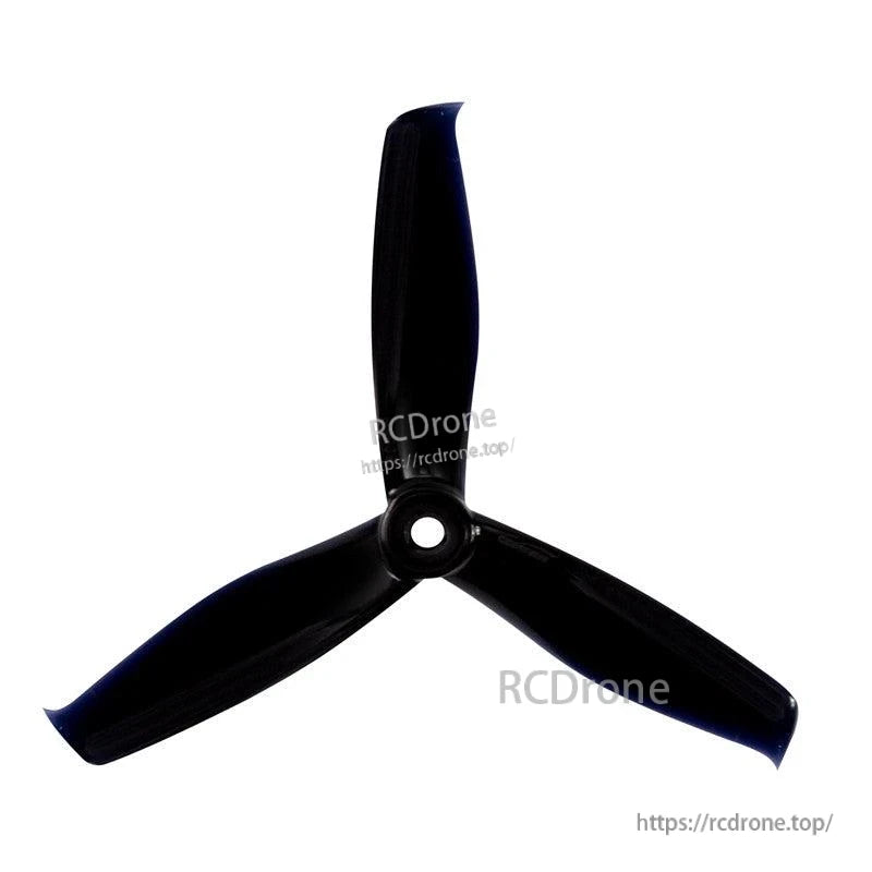 Black 3-blade propeller with center mounting hole, tri-blade rotor isolated on white background