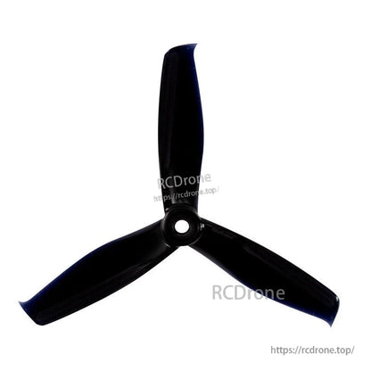 Black 3-blade propeller with center mounting hole, tri-blade rotor isolated on white background