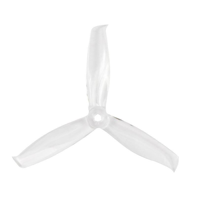 Translucent clear 3-blade drone propeller with center hub, tri-blade design on white background