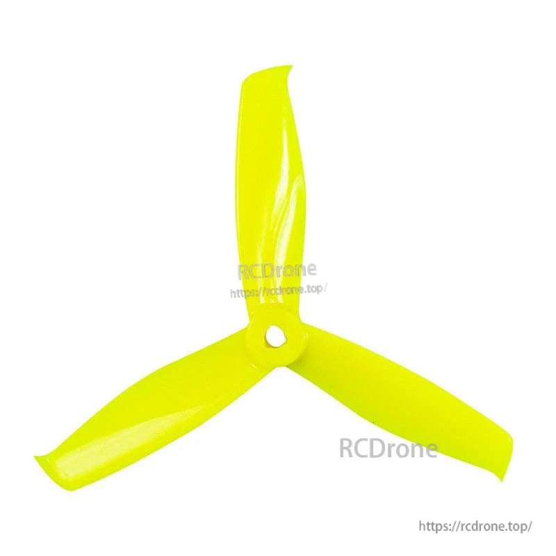Neon yellow 3-blade drone propeller with center hub, tri-blade rotor isolated on white background