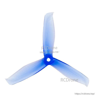 Blue 3-blade propeller with center mounting hub, tri-blade rotor isolated on white background