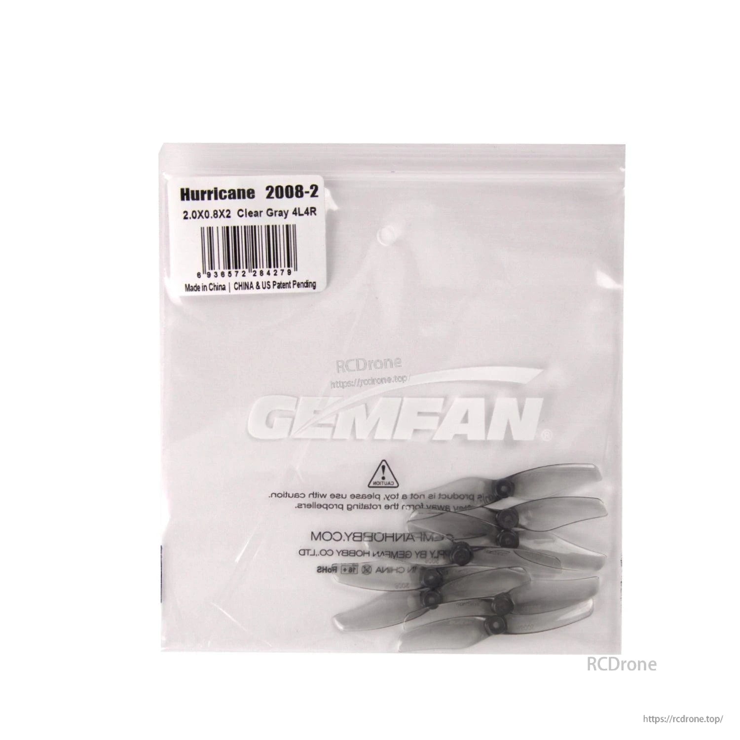 Gemfan Hurricane 2008-2 propeller bag with label showing 2.0x0.8x2 clear gray 4L4R set