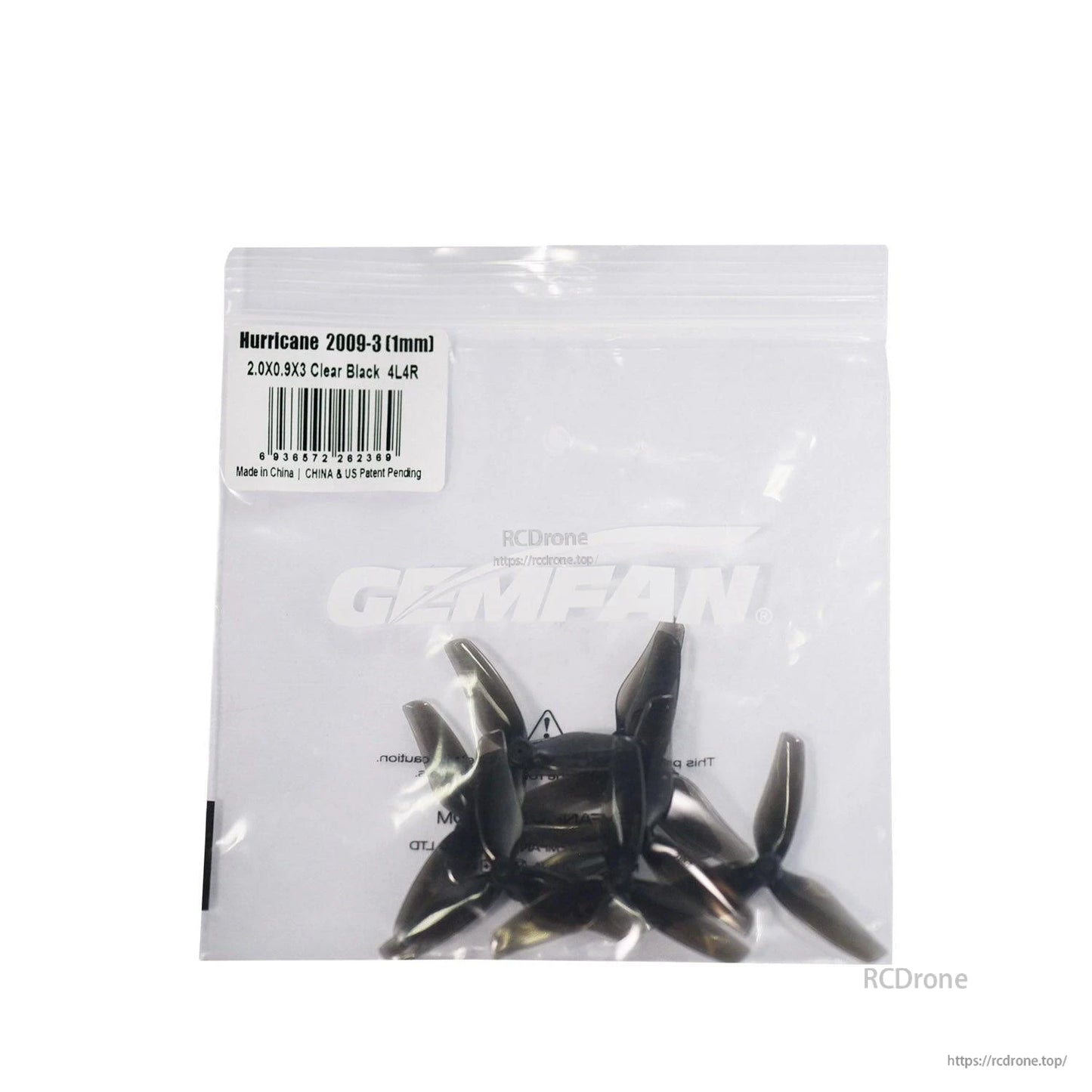 Bagged Gemfan Hurricane 2009-3 propellers with label showing 2.0x0.9x3, clear black, 4L4R