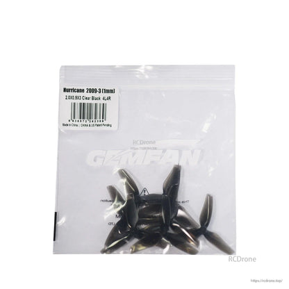 Bagged Gemfan Hurricane 2009-3 propellers with label showing 2.0x0.9x3, clear black, 4L4R
