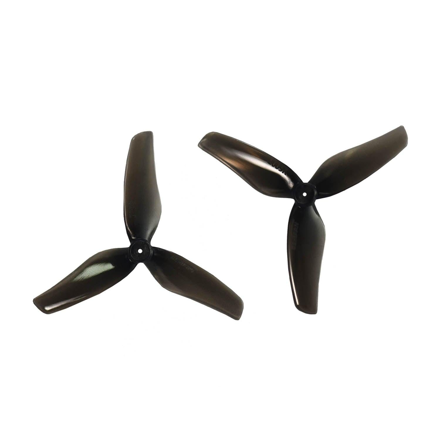 Two black 3-blade drone propellers shown as a matching set, top views on white background