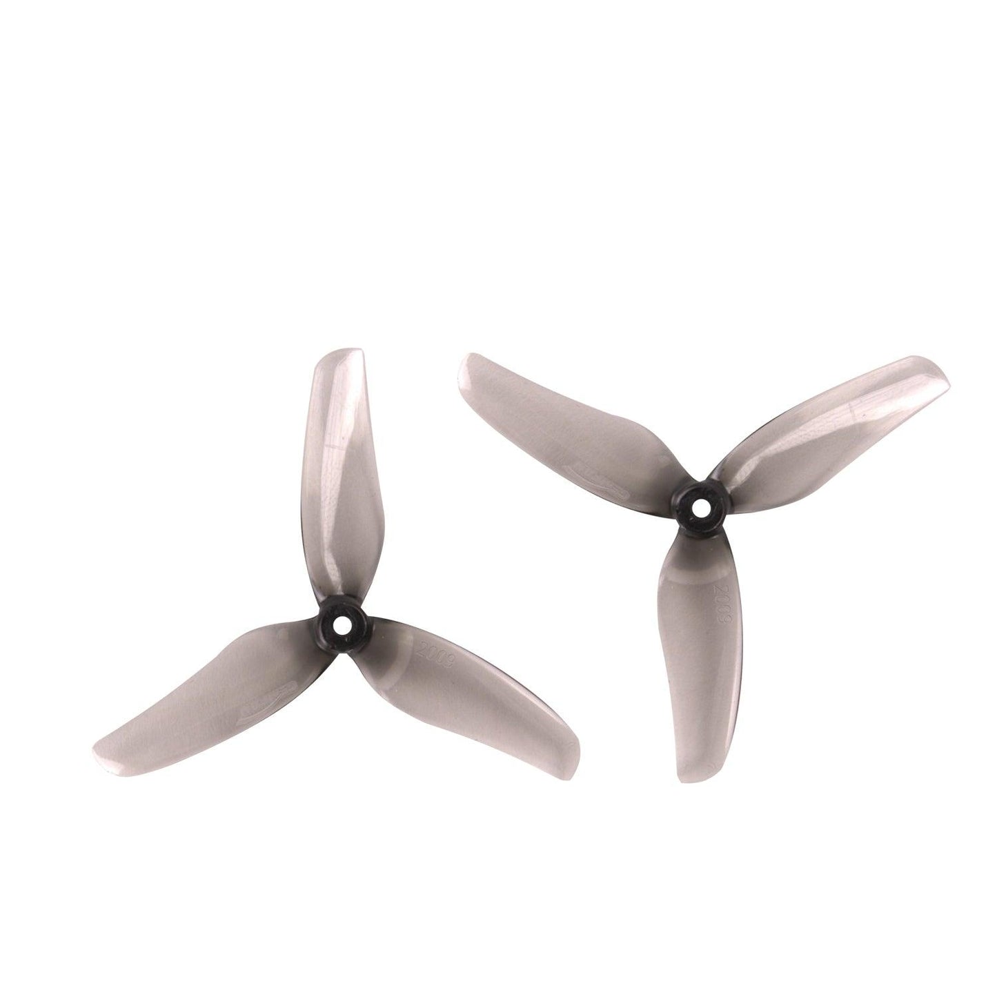 Gemfan Hurricane 2009-3 2in 0.9in pitch 3-blade T-mount propellers, clear gray pair on white