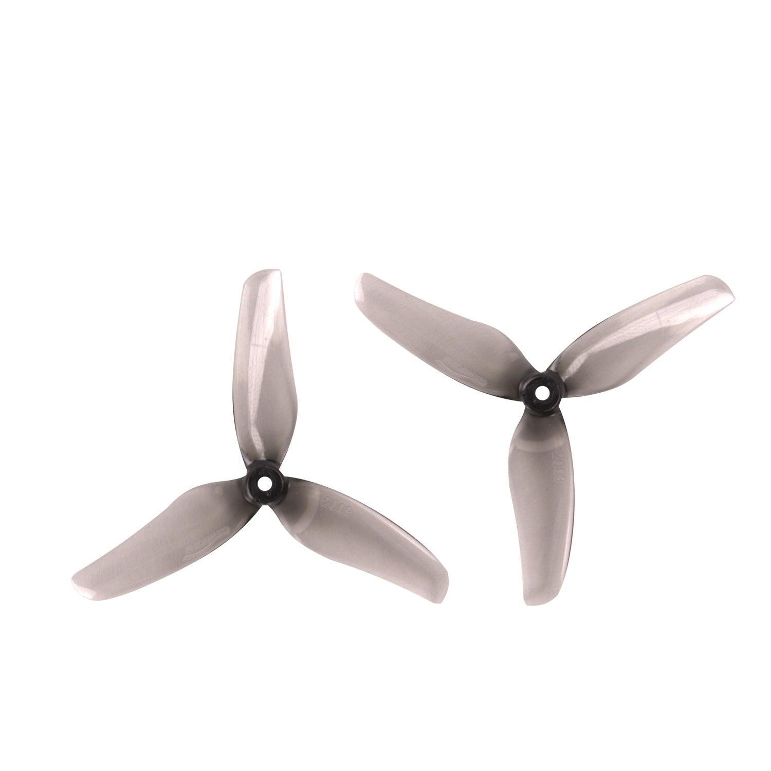 Gemfan Hurricane 2009-3 2in 0.9in pitch 3-blade T-mount propellers, clear gray pair on white