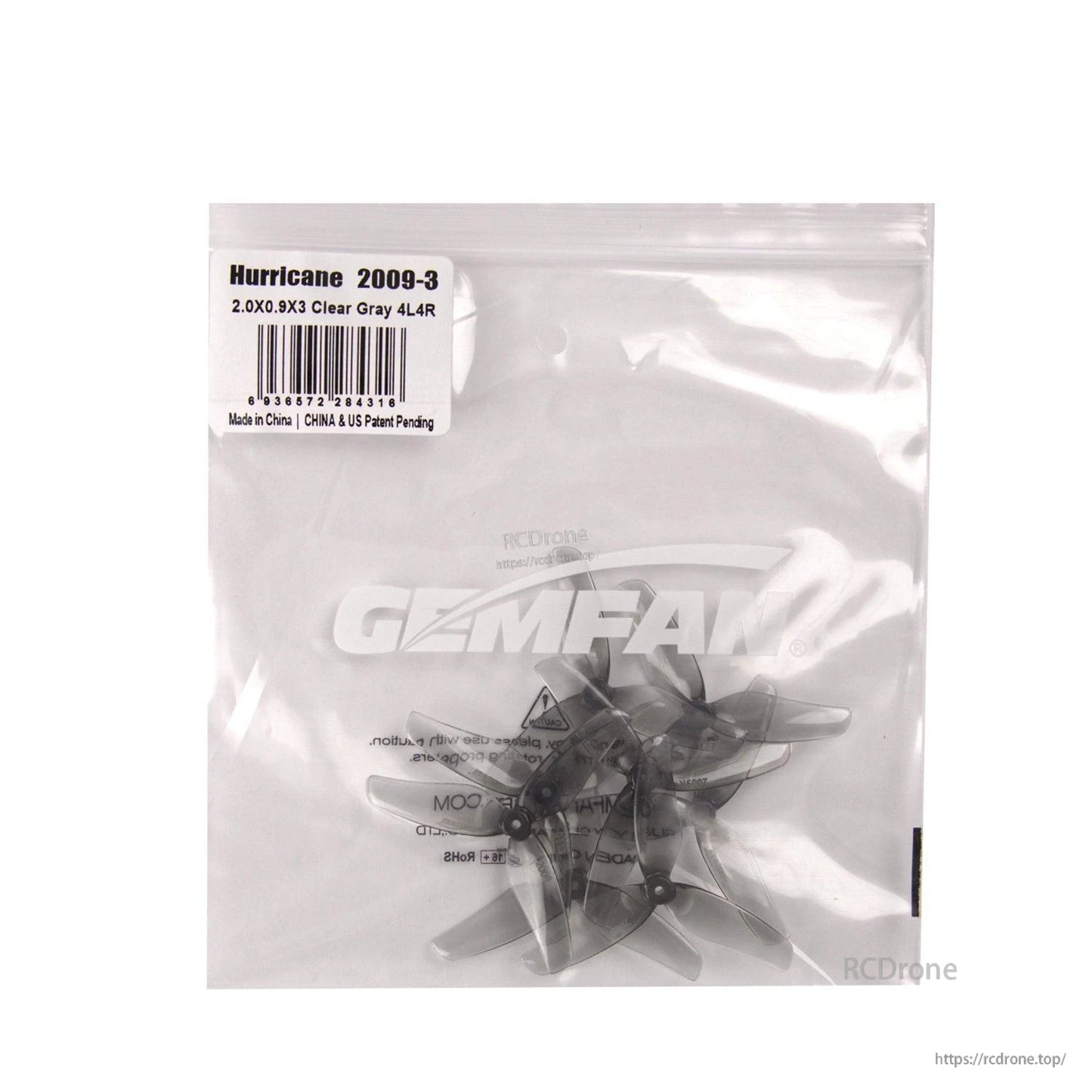 Retail bag with label for Hurricane 2009-3 propellers, 2.0x0.9x3 clear gray set inside