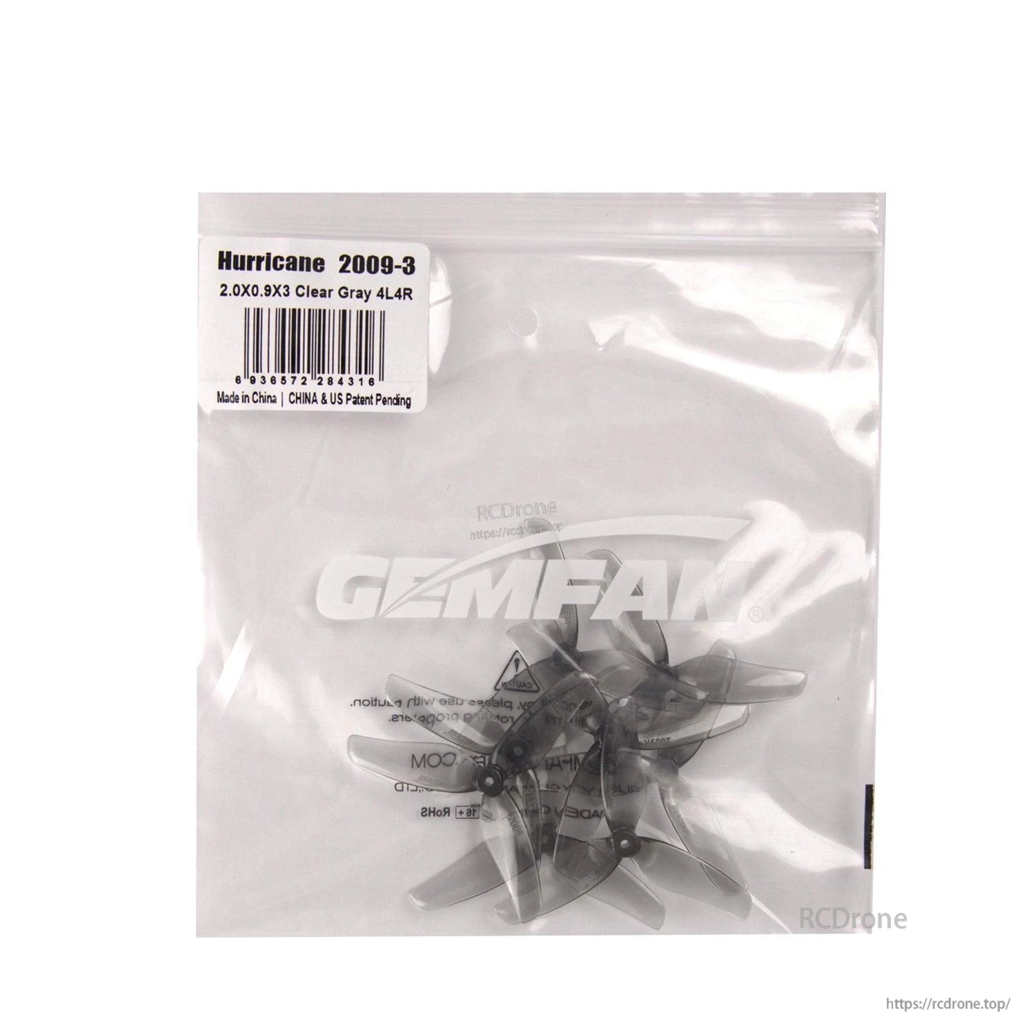 Retail bag with label for Hurricane 2009-3 propellers, 2.0x0.9x3 clear gray set inside