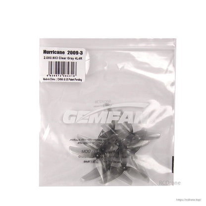Retail bag with label for Hurricane 2009-3 propellers, 2.0x0.9x3 clear gray set inside