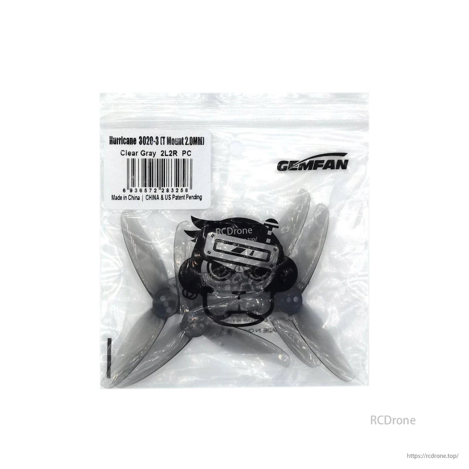 Gemfan zip bag label close-up for Hurricane 3020-3 clear gray props, showing T-mount 2.0mm