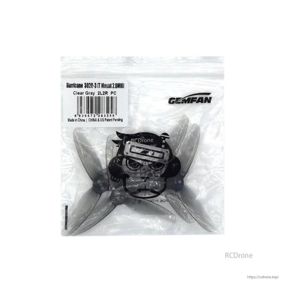 Gemfan zip bag label close-up for Hurricane 3020-3 clear gray props, showing T-mount 2.0mm