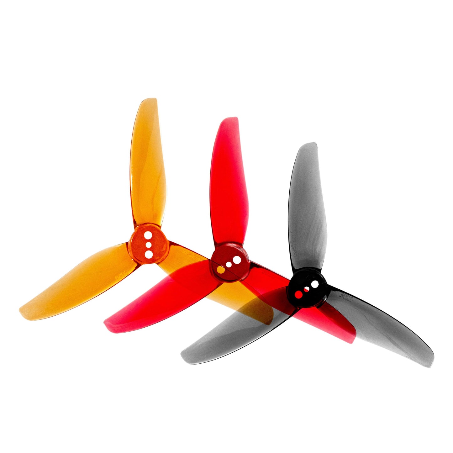 Gemfan Hurricane 3020-3 tri-blade props shown in three colors: amber, red, and clear gray