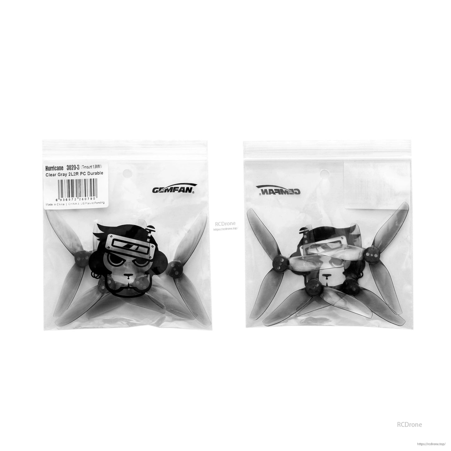 Clear gray Hurricane 3020-3 prop set packaging, front and back of Gemfan zip bags with product label