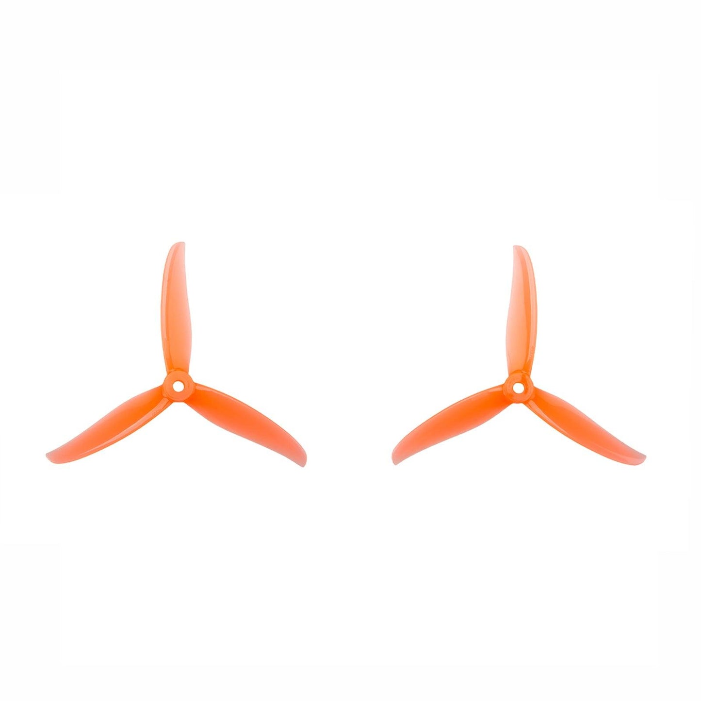 Orange 3-blade drone propeller set, two props shown for clockwise and counterclockwise rotation