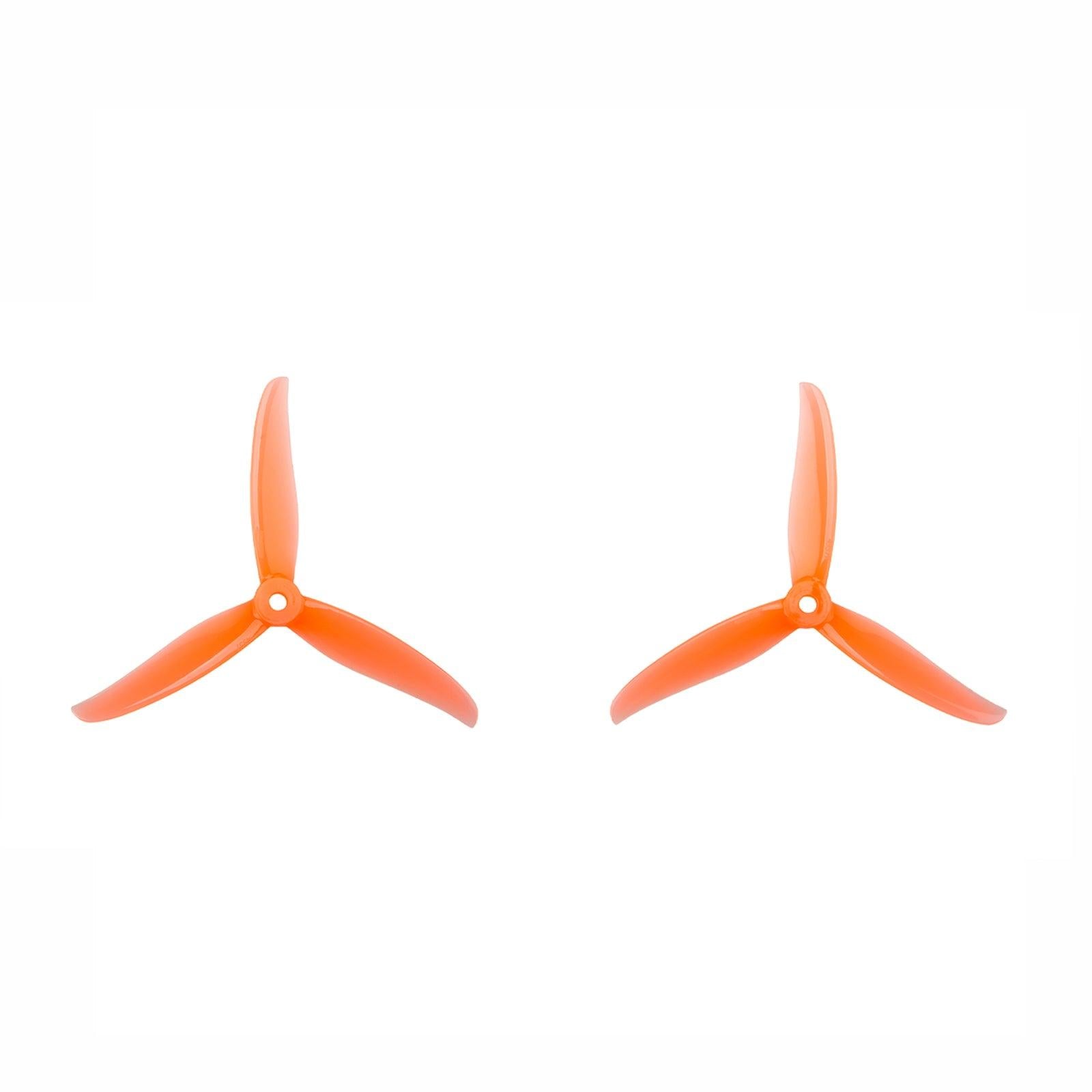 Orange 3-blade drone propeller set, two props shown for clockwise and counterclockwise rotation