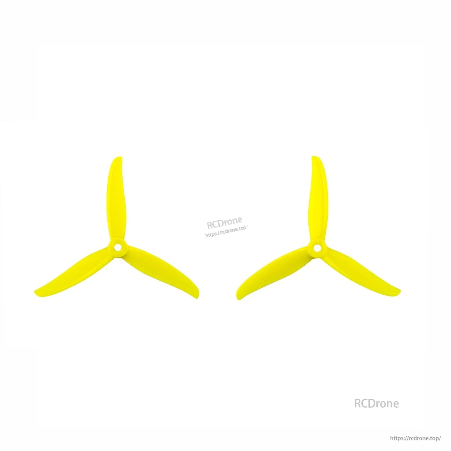 Yellow 3-blade propeller pair (CW and CCW), top view on white background