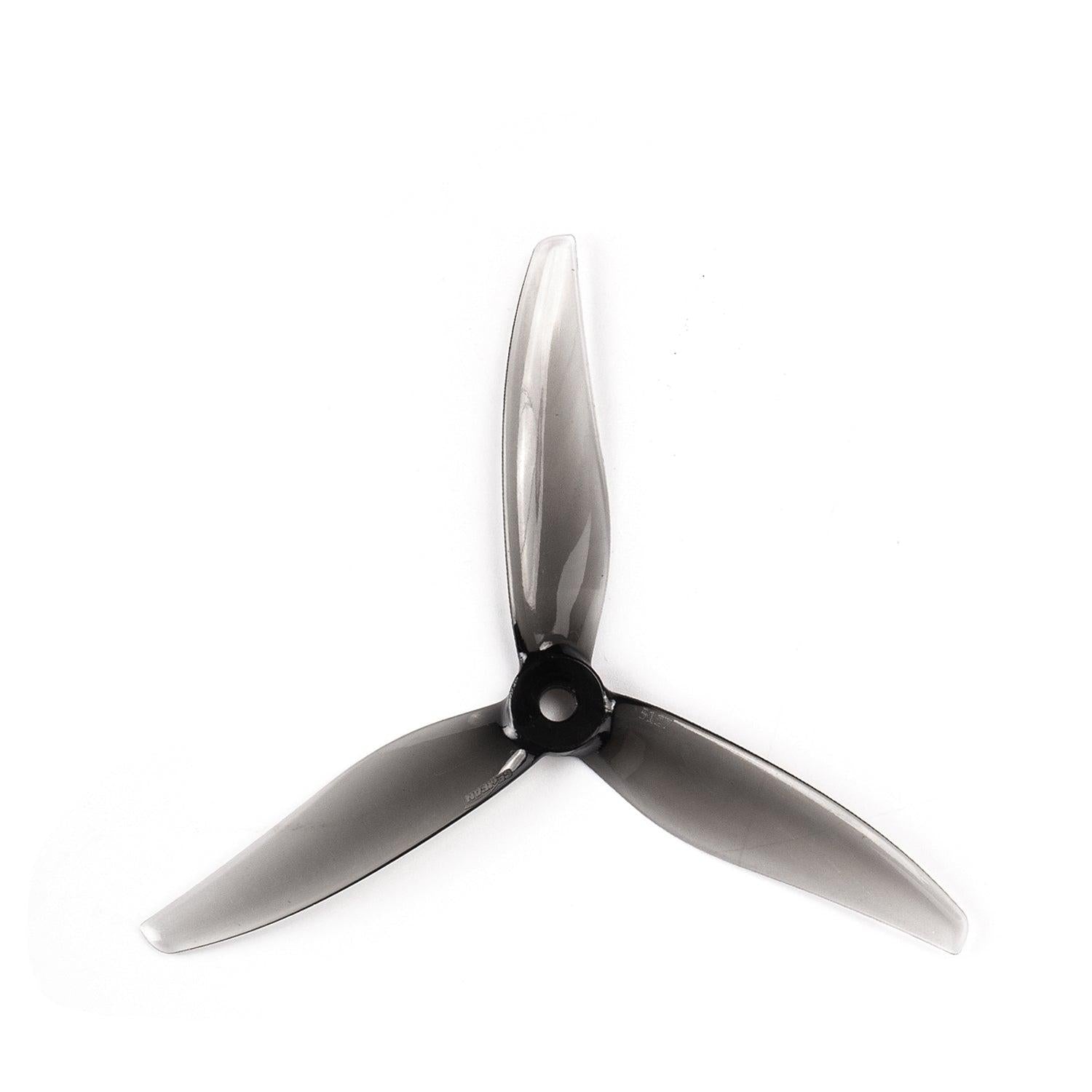 Black 3-blade propeller top view with 5mm center hub hole, Gemfan Hurricane 5127-3 style