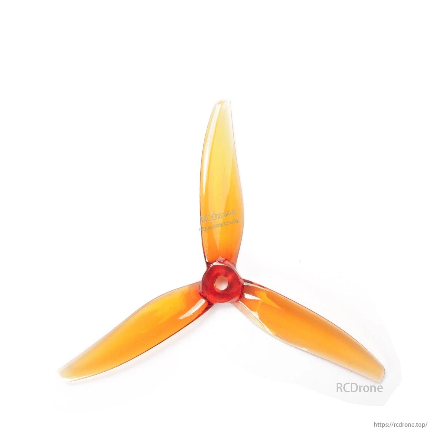 Orange translucent 3-blade propeller top view with red hub and 5mm center hole