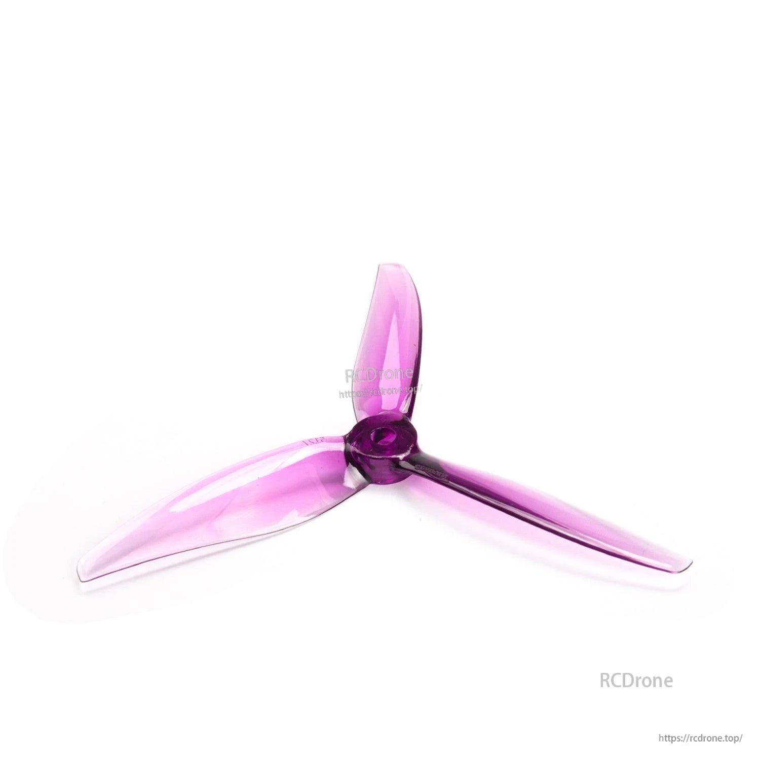 Purple translucent 3-blade drone propeller angled view, purple hub