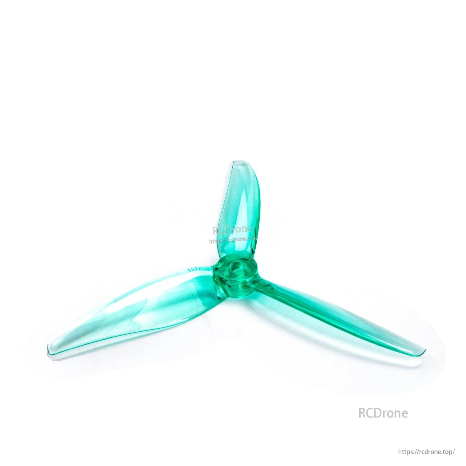 Teal translucent 3-blade drone propeller angled view, teal hub