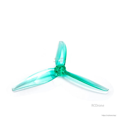Teal translucent 3-blade drone propeller angled view, teal hub