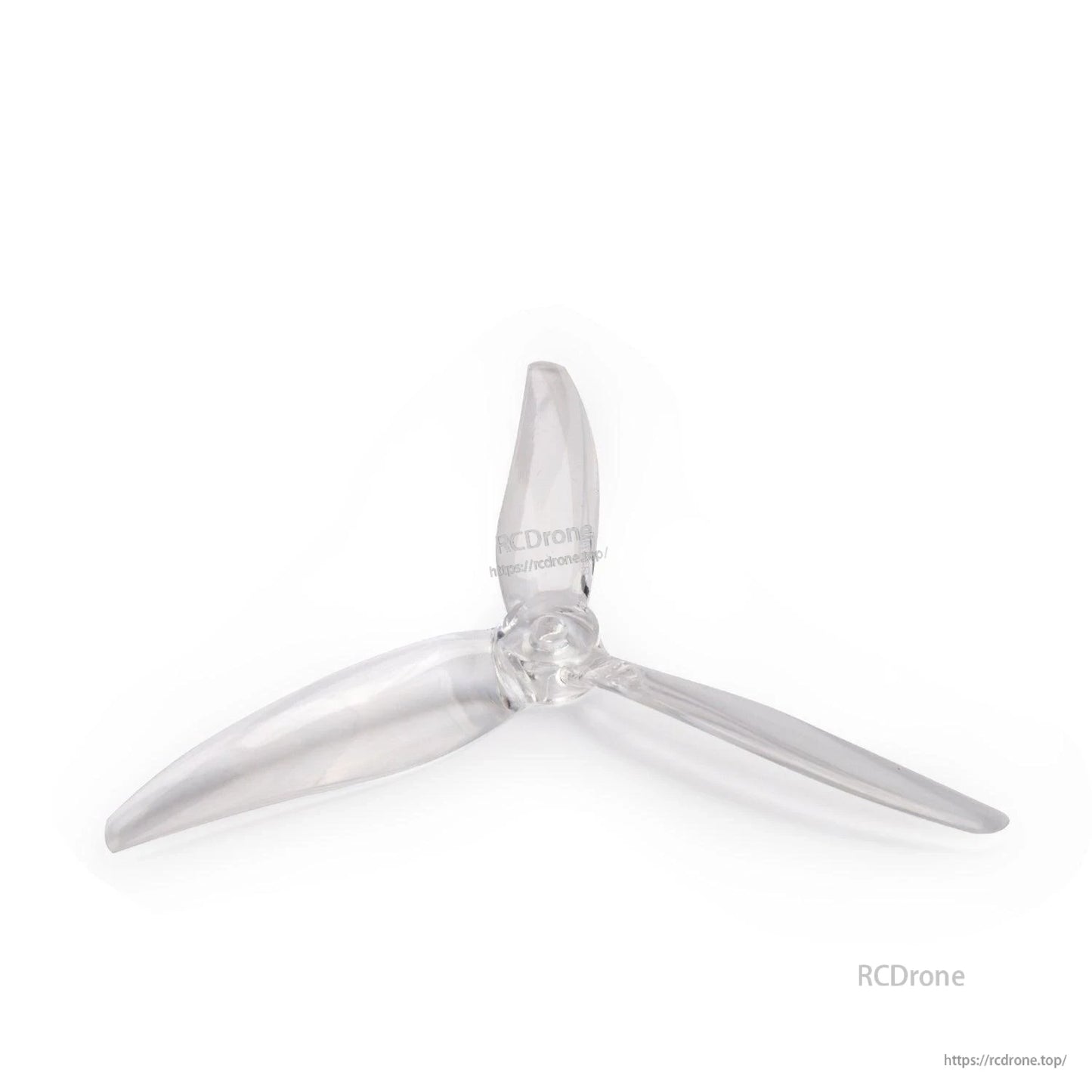 Clear translucent 3-blade drone propeller angled view, transparent hub