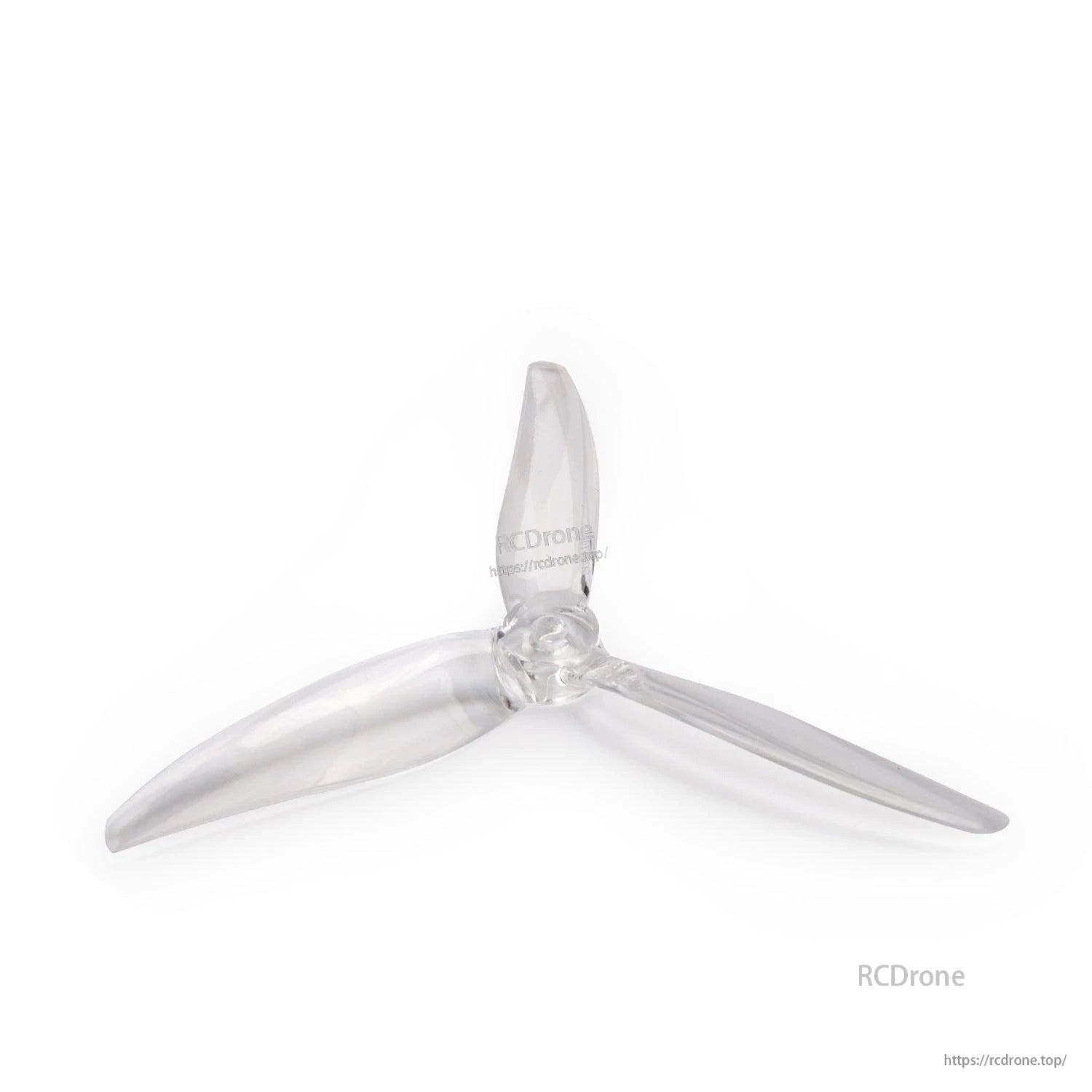 Clear translucent 3-blade drone propeller angled view, transparent hub